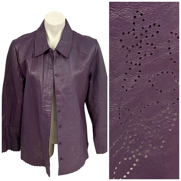 Terry Lewis Genuine Leather Jacket Womans Large Purple Laser Cut Trim Festival - Picture 1 of 15